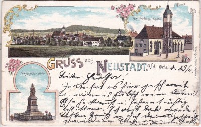 07806 Neustadt an der Orla, u.a. Kirche, Farblitho, ca. 1900