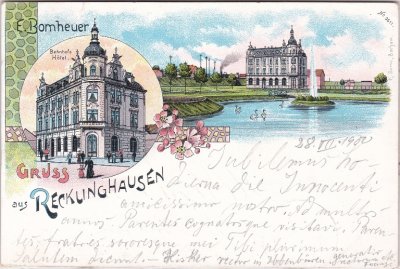 45657 Recklinghausen, Bahnhofshotel, Farblitho, ca. 1900