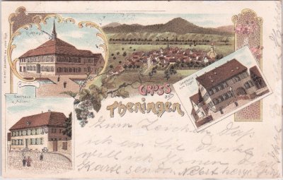 79331 Teningen, u.a. Gasthaus Zum Engel, Farblitho, ca. 1900