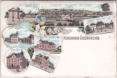 52511 Hünshoven (Geilenkirchen), u.a. Bahnhof, Farblitho, ca. 1900