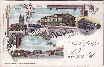 Tulln an der Donau (Niederösterreich), u.a. Bahnhof, Farblitho, ca. 1900