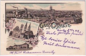 04758 Oschatz, u.a. Kaserne, Farblitho, ca. 1895