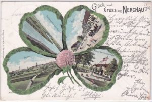 04668 Grimma-Nerchau, Kleeblatt-Farblitho, ca. 1900