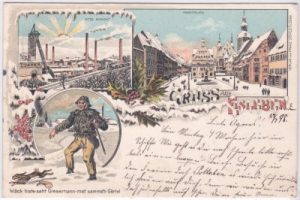 06295 Eisleben, Marktplatz, Winter-Farblitho, ca. 1895