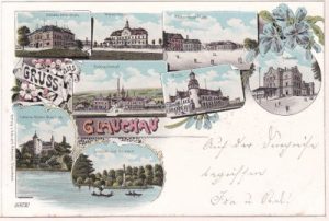 08371 Glauchau, u.a. Bahnhof, Farblitho, ca. 1900