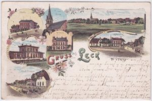 25917 Leck (Nordfriesland), u.a. Bahnhof, Farblitho, ca. 1895