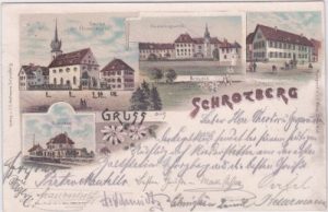 74575 Schrozberg, u.a. Bahnhof, Marktplatz, Farblitho, ca. 1895