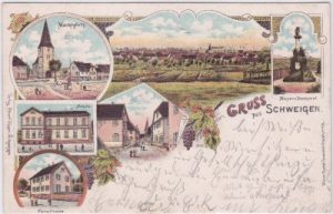 76889 Schweigen-Rechtenbach, u.a. Schule, Farblitho, ca. 1895