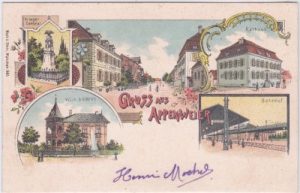 77767 Appenweier, u.a. Bahnhof, Farblitho, ca. 1900