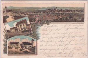 88422 Buchau am Federsee, u.a. Bahnhof, Farblitho, ca. 1900