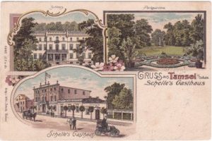 Tamsel/Neumark, u.a. Gasthaus, Farblitho, ca. 1900