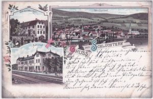 36381 Schlüchtern, u.a. Bahnhof, Farblitho, ca. 1895