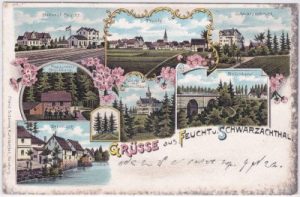 90537 Feucht, Schwarzachthal, u.a. Bahnhof, Farblitho, ca. 1900