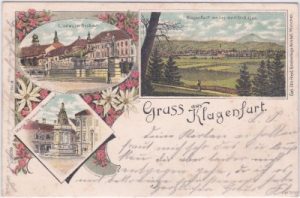 Klagenfurt, u.a. Lindwurm, Farblitho, ca. 1895