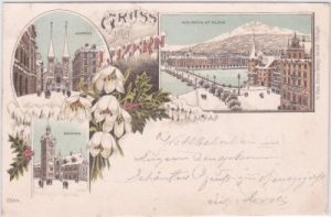 Luzern, u.a. Rathaus, Winterlitho, Farblitho, ca. 1895
