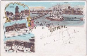 Geneve (Genf), u.a. Place Neuve, Winterlitho, Farblitho, ca. 1900