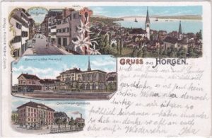 Horgen, u.a. Bahnhof, Dorfgasse, Farblitho, ca. 1895