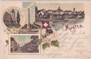 Murten (Morat), u.a. Obelisk, Farblitho, ca. 1900