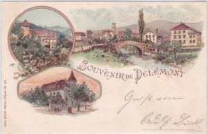 Delemont, u.a. Ortsansicht, Farblitho, ca. 1895