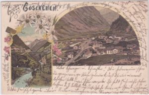 Göschenen, Ortsansicht mit Bahnhof, Farblitho, ca. 1900