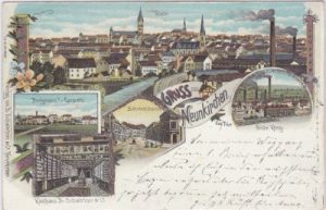 66538 Neunkirchen (Saar), u.a. Bahnhofstraße, Farblitho, ca. 1900