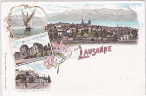 Lausanne (Waadt), u.a. Straßenbahn, Farblitho, ca. 1900