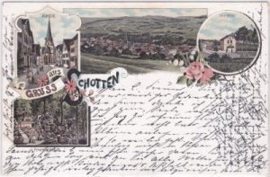 63679 Schotten (Vogelsbergkreis), u.a. Bahnhof, Farblitho, ca. 1895