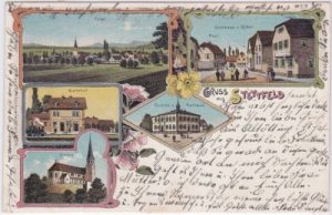 76698 Stettfeld (Ubstadt-Weiher), u.a. Bahnhof, Farblitho, ca. 1900