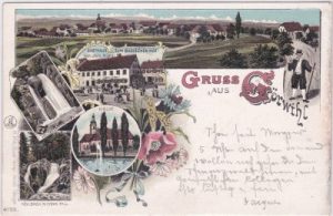 79733 Görwihl, u.a. Gasthaus, Kirche, Farblitho, ca. 1900