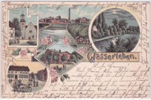 38871 Wasserleben, u.a. Bahnhof, Farblitho, ca. 1900