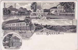 15518 Briesen (Mark), u.a. Bahnhof, Litho, ca. 1905