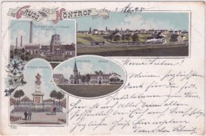 44869 Höntrop (Bochum), u.a. Zeche, Bahnhof, Farblitho, ca. 1895