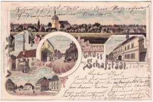 06246 Schafstädt, u.a. Rathaus, Farblitho, ca. 1900