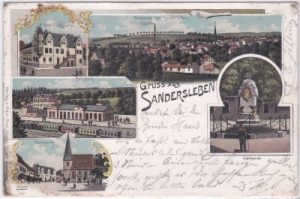 06456 Sandersleben (Arnstein), u.a. Bahnhof, Farblitho, ca. 1900