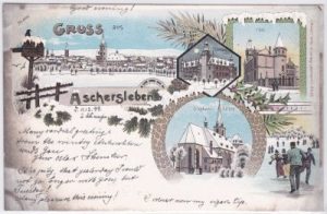 06449 Aschersleben, u.a. Post, Farblitho, ca. 1895