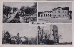 04827 Machern, u.a. Bahnhof, Gasthof, ca. 1950