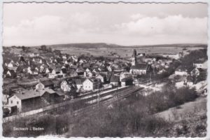 74743 Seckach in Baden, Ortsansicht, Bahnhof, ca. 1960