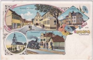 64347 Griesheim bei Darmstadt, u.a. Bahnhof, Farblitho, ca. 1905