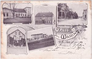 19417 Warin in Mecklenburg, u.a. Bahnhof, Litho, ca. 1900