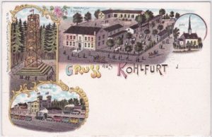Kohlfurt (Wegliniec), u.a. Bahnhof, Farblitho, ca. 1900