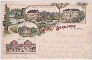 04451 Borsdorf bei Leipzig, u.a. Bahnhof, Farblitho, ca. 1900