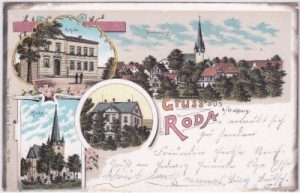 04654 Roda (Frohburg), u.a. Schule, Farblitho, ca. 1900
