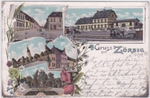 06780 Zörbig, u.a. Bahnhof, Farblitho, ca. 1895