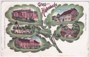 04936 Hohenbucko, u.a. Bahnhof, Farblitho, ca. 1905
