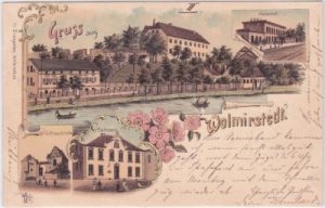 39326 Wolmirstedt, u.a. Bahnhof, Farblitho, ca. 1895