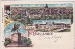 49076 Osnabrück, u.a. Bahnhof, Denkmal, Farblitho, ca. 1900