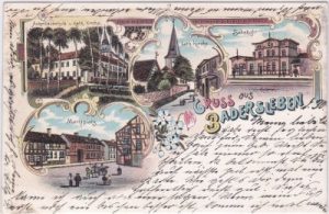 38836 Badersleben (Huy), u.a. Bahnhof, Farblitho, ca. 1895