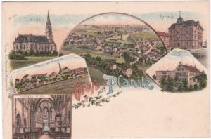 08062 Planitz (Zwickau), u.a. Schule, Farblitho, ca. 1900
