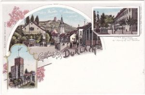 76227 Karlsruhe-Durlach, u.a. Altes Schloss, Farblitho, ca. 1900
