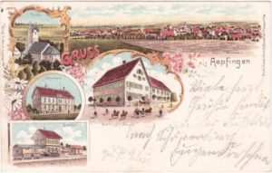88437 Aepfingen (Maselheim), u.a. Bahnhof, Farblitho, ca. 1900
